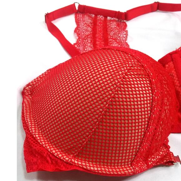 Victorias Secret Bra Very Sexy Red Push Up Front Closure Fishnet Lace Size 34DD - Picture 7 of 13